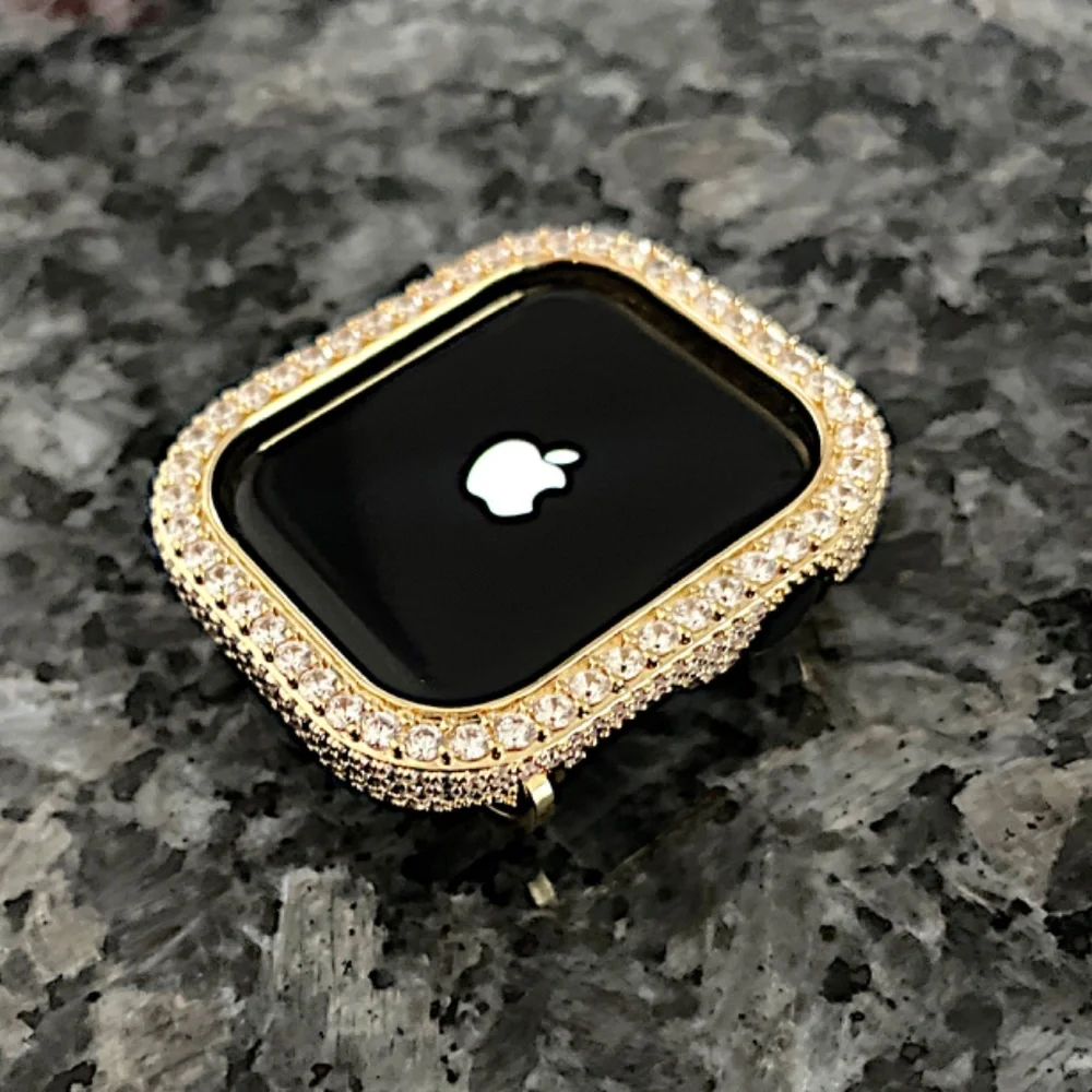 New Apple Watch bling bezel case in Yellow gold with lab diamonds
